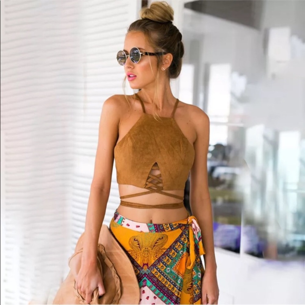 Suede Lace Up Strappy Festival Halter Crop Top